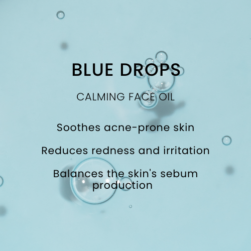 Infographic for RAAW Alchemy Blue Drops Calming Face Oil: Soothes acne-prone skin, reduces redness and irritation, and balances the skin's sebum production.