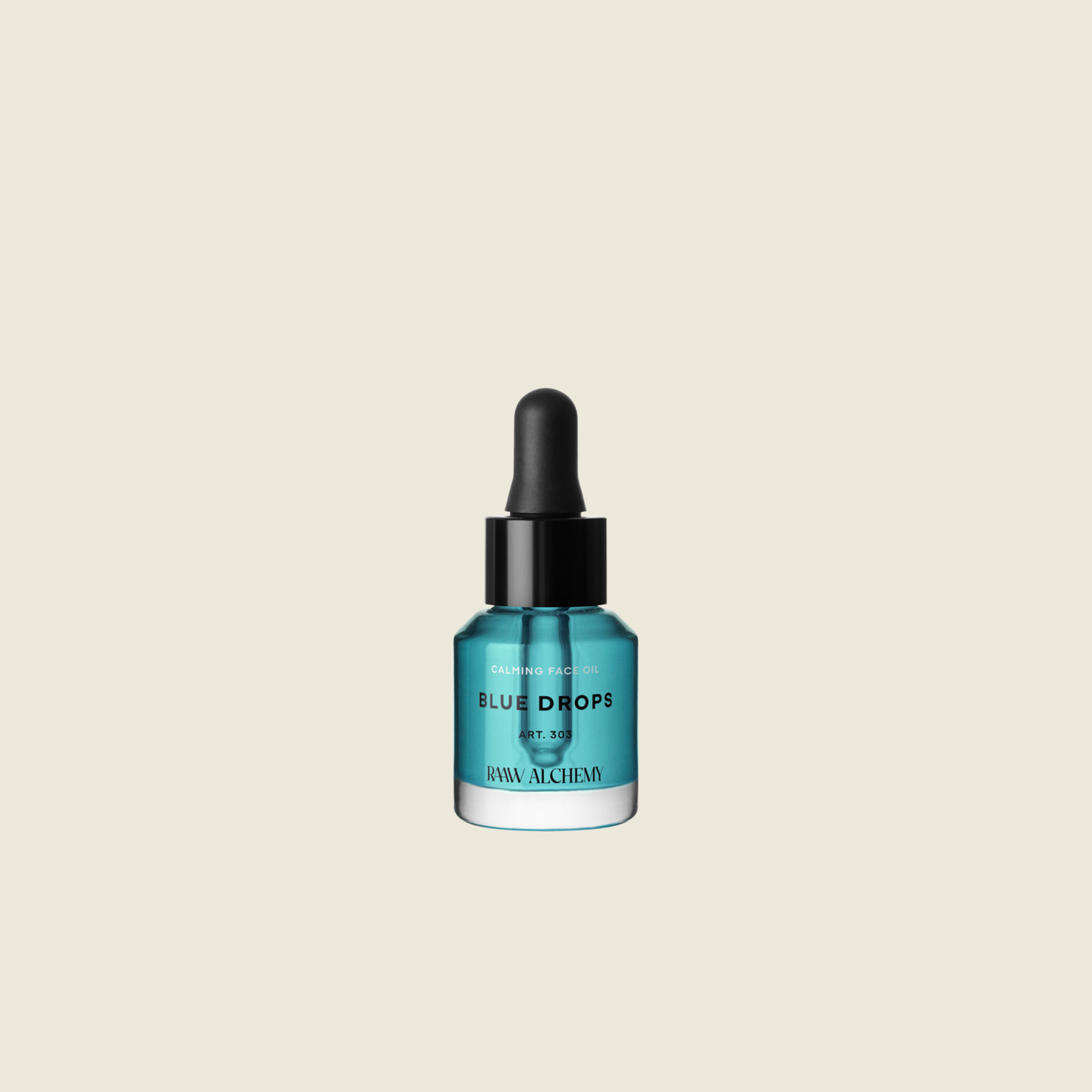 RAAW Alchemy Blue Drops Calming Face Oil in a signature blue glass dropper bottle, centered on a clean beige background.