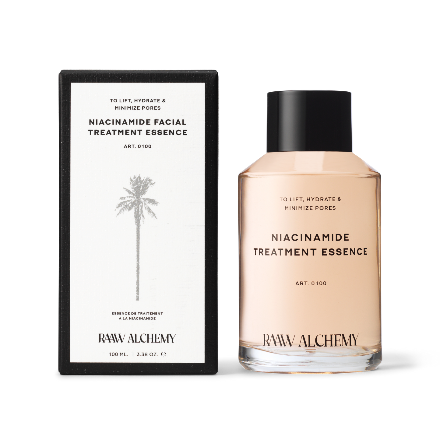 RAAW Alchemy Niacinamide Treatment Essence with its elegant botanical-themed display box.