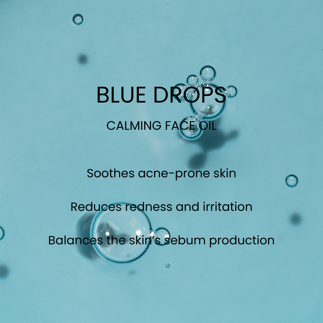 Benefits of Blue Drops: Soothes acne-prone skin, reduces redness and irritation, and balances sebum production.