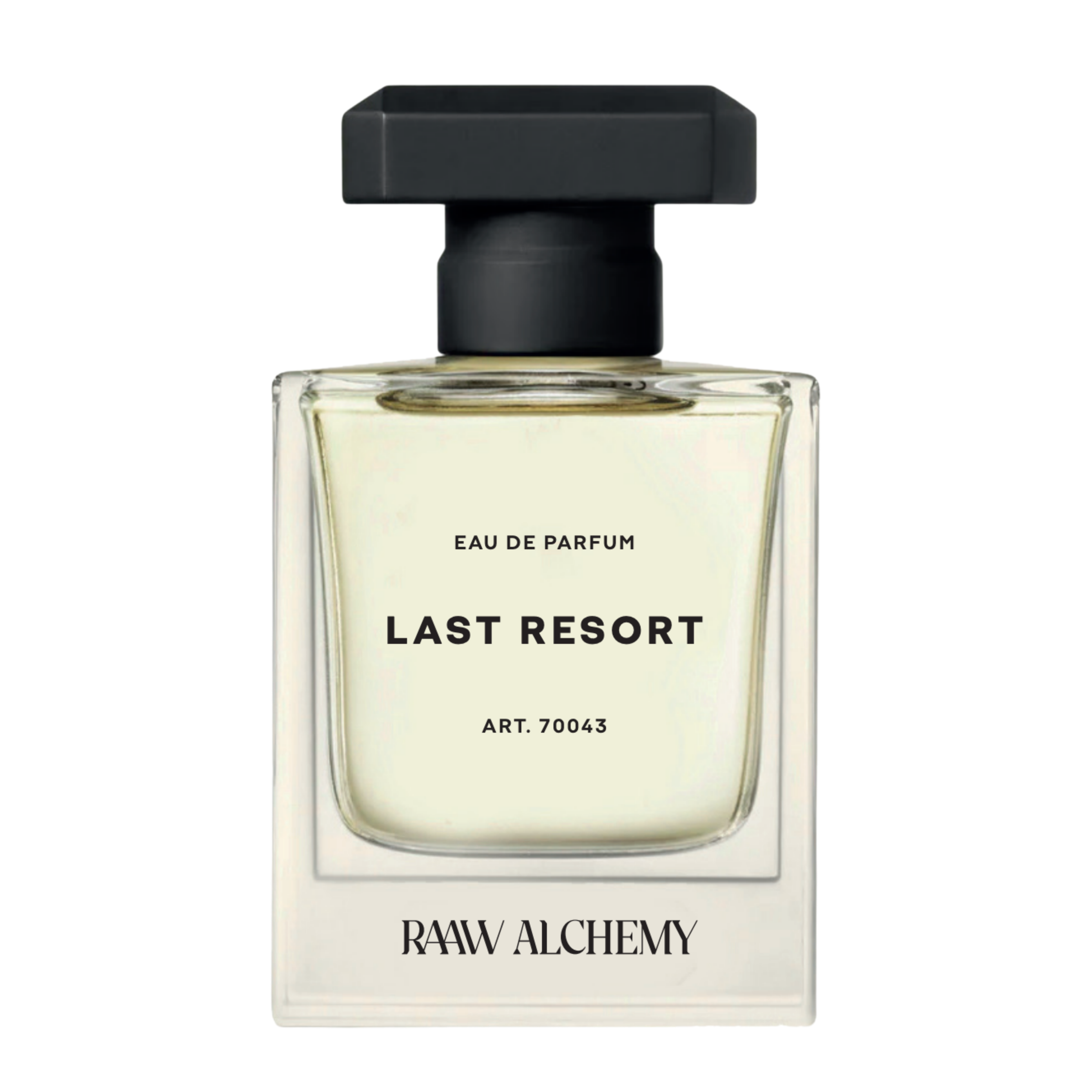 RAAW Alchemy Last Resort Eau de Parfum in a minimalist square glass bottle with a black cap.