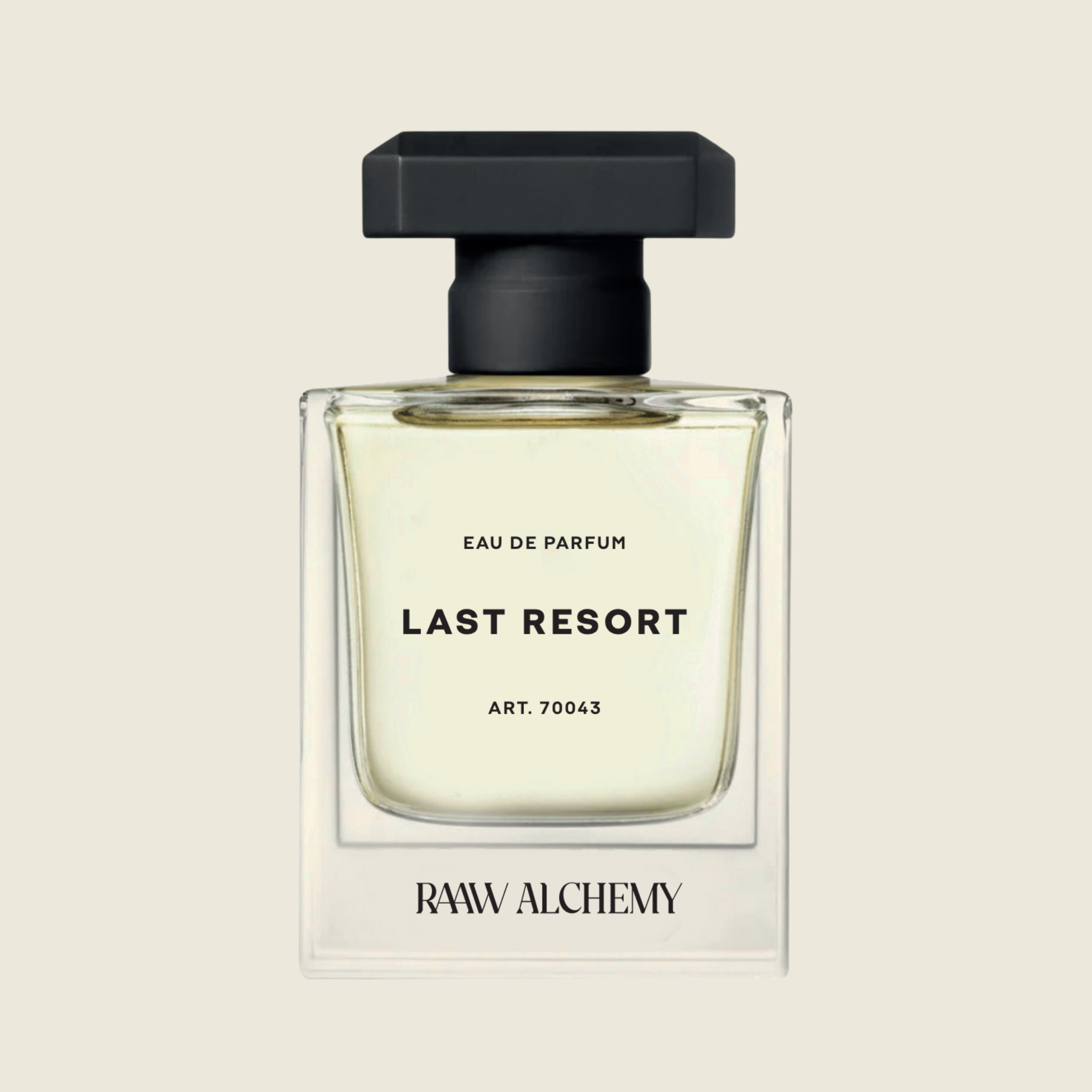 RAAW Alchemy Last Resort Eau de Parfum in a minimalist square glass bottle with a black cap.