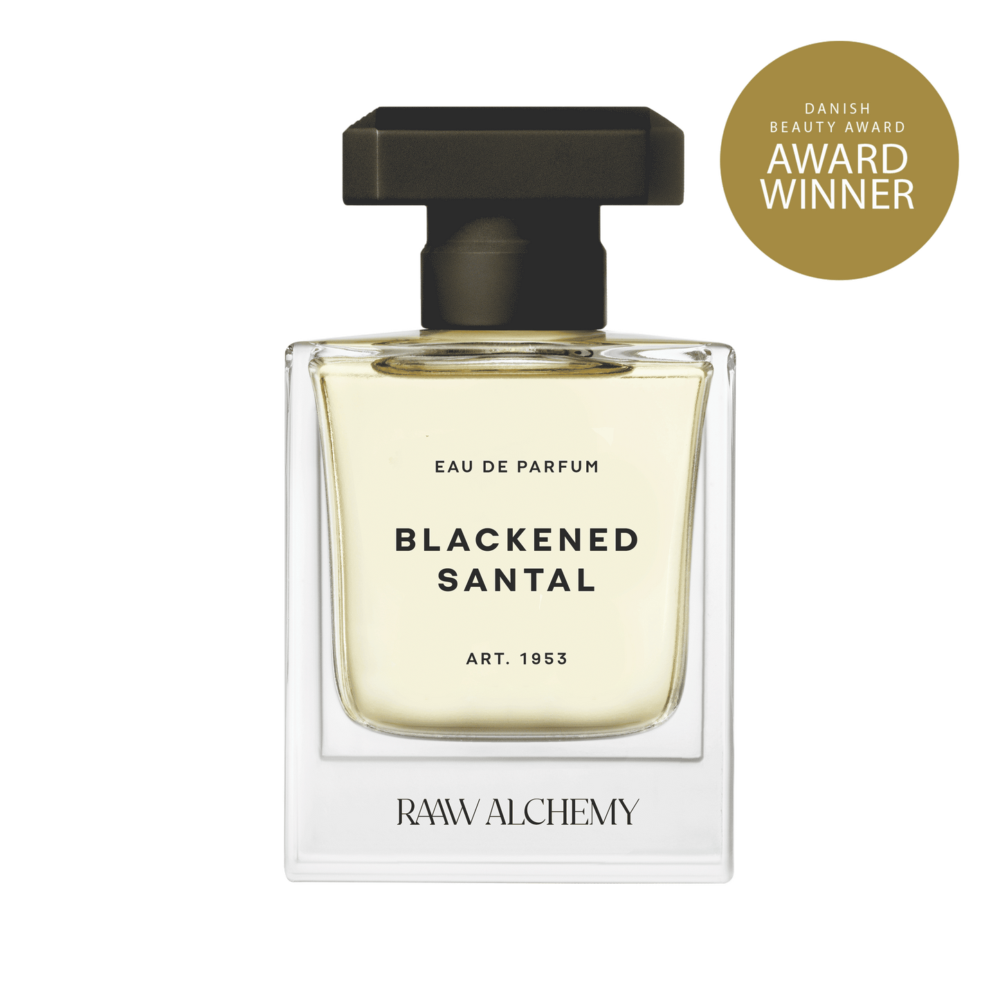 Front view of the award-winning Blackened Santal perfume bottle, showcasing the elegant botanical brand logo and clean label.