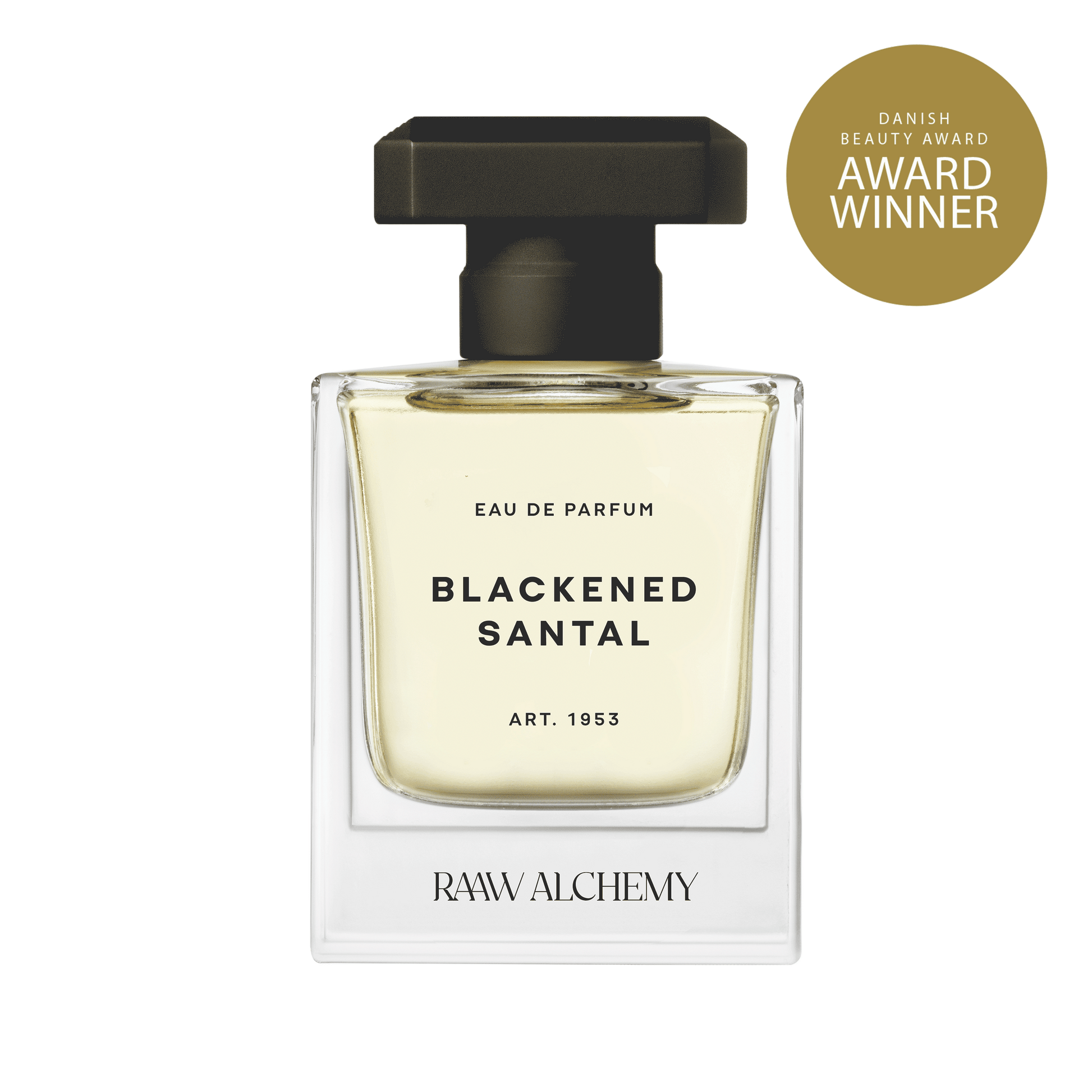 Front view of the award-winning Blackened Santal perfume bottle, showcasing the elegant botanical brand logo and clean label.
