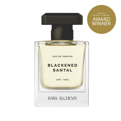 Front view of the award-winning Blackened Santal perfume bottle, showcasing the elegant botanical brand logo and clean label.