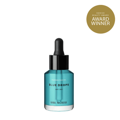 RAAW Alchemy Blue Drops – Danish Beauty Award winner calming facial oil for acne-prone skin in a signature blue dropper bottle.