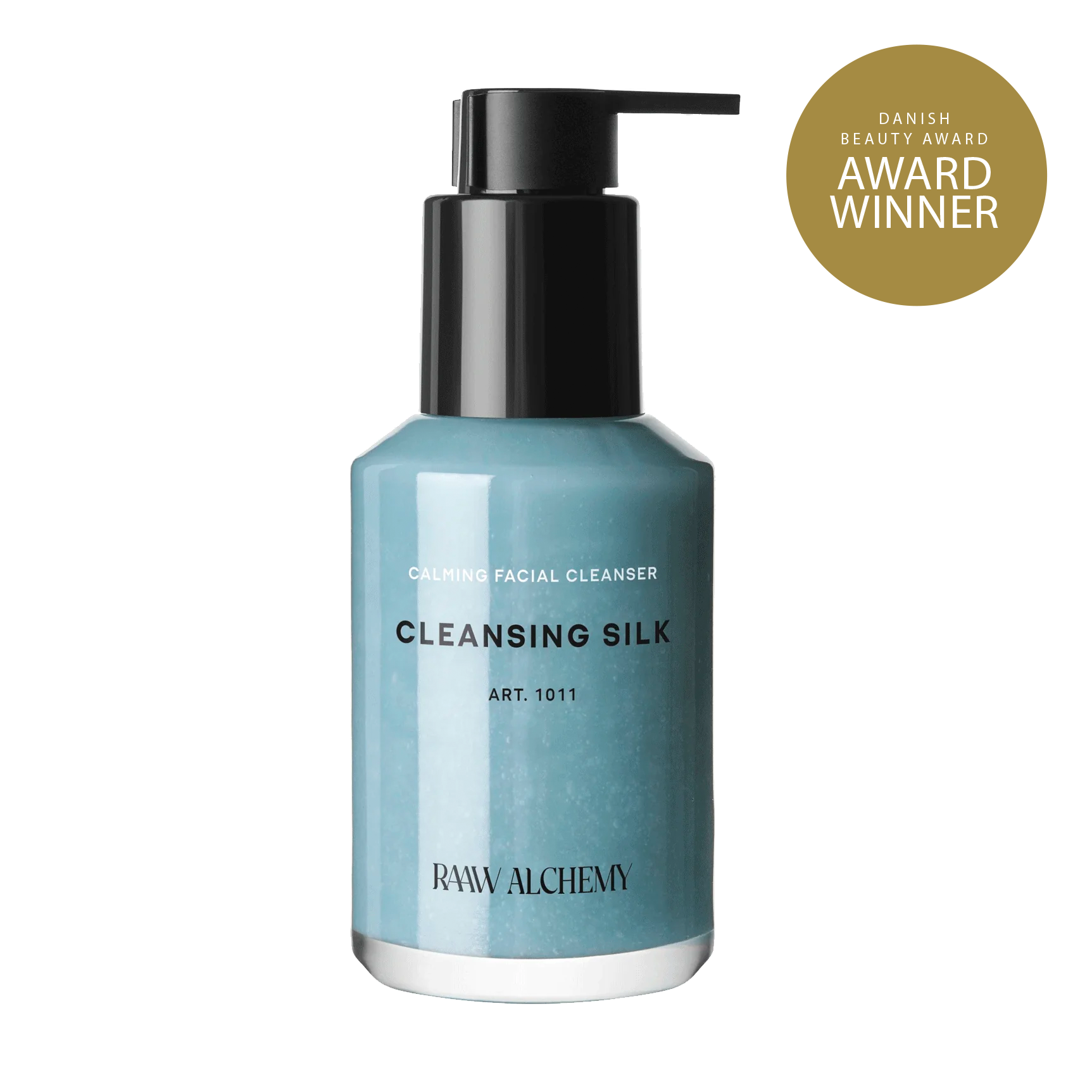 RAAW Alchemy Cleansing Silk - Danish Beauty Award winner calming facial cleanser in a signature blue glass bottle.