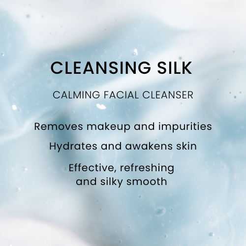 Infographic for RAAW Alchemy Cleansing Silk Calming Facial Cleanser: Removes makeup and impurities, hydrates and awakens skin, and leaves a silky smooth finish.