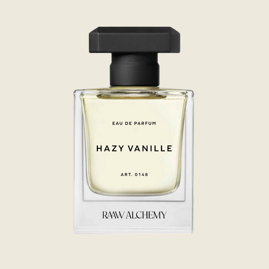 RAAW Alchemy Hazy Vanille Eau de Parfum in a minimalist square glass bottle with a black cap.