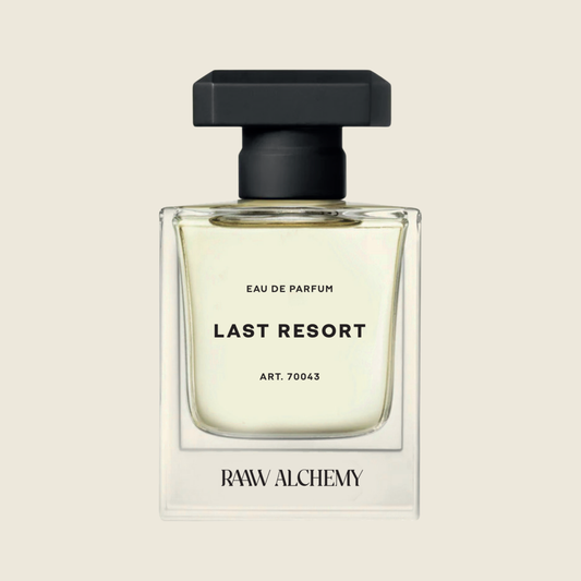 RAAW Alchemy Last Resort Eau de Parfum in a minimalist square glass bottle with a black cap.