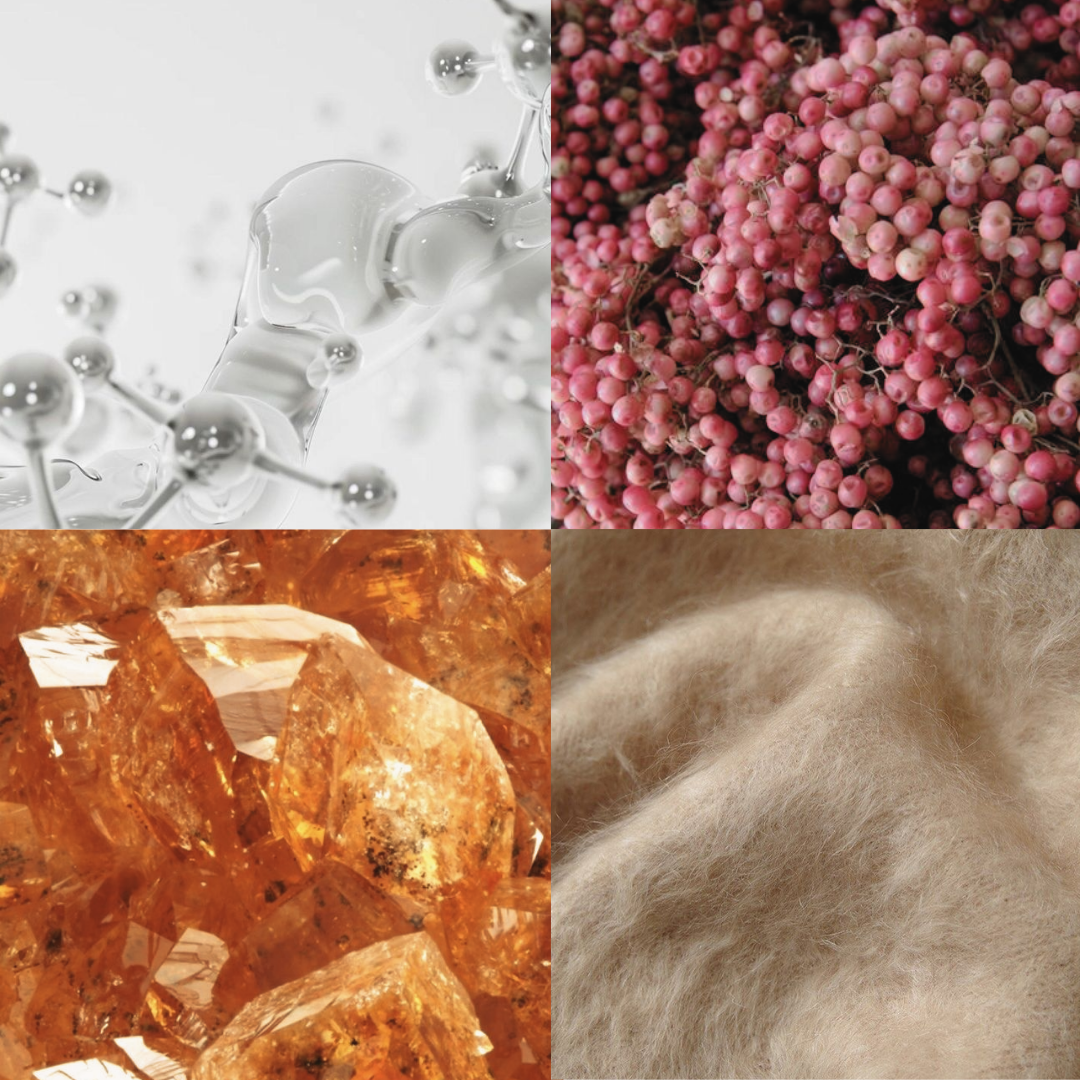 Visual fragrance notes for Last Resort Eau de Parfum, featuring amber, aldehydes, pink pepper and cashmere.