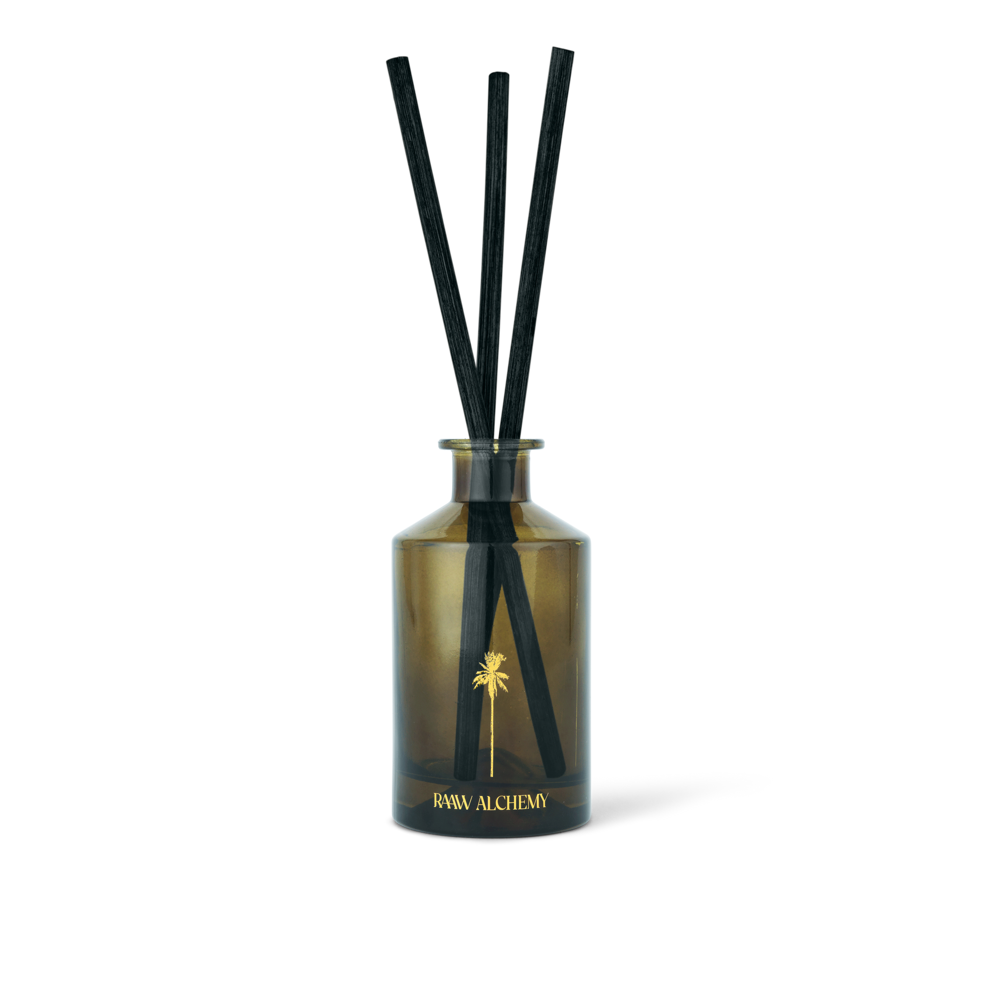 RAAW Alchemy Minted Fig Room Diffuser in a signature green glass bottle with natural reeds.