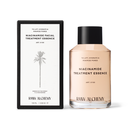 RAAW Alchemy Niacinamide Treatment Essence with its elegant botanical-themed display box.