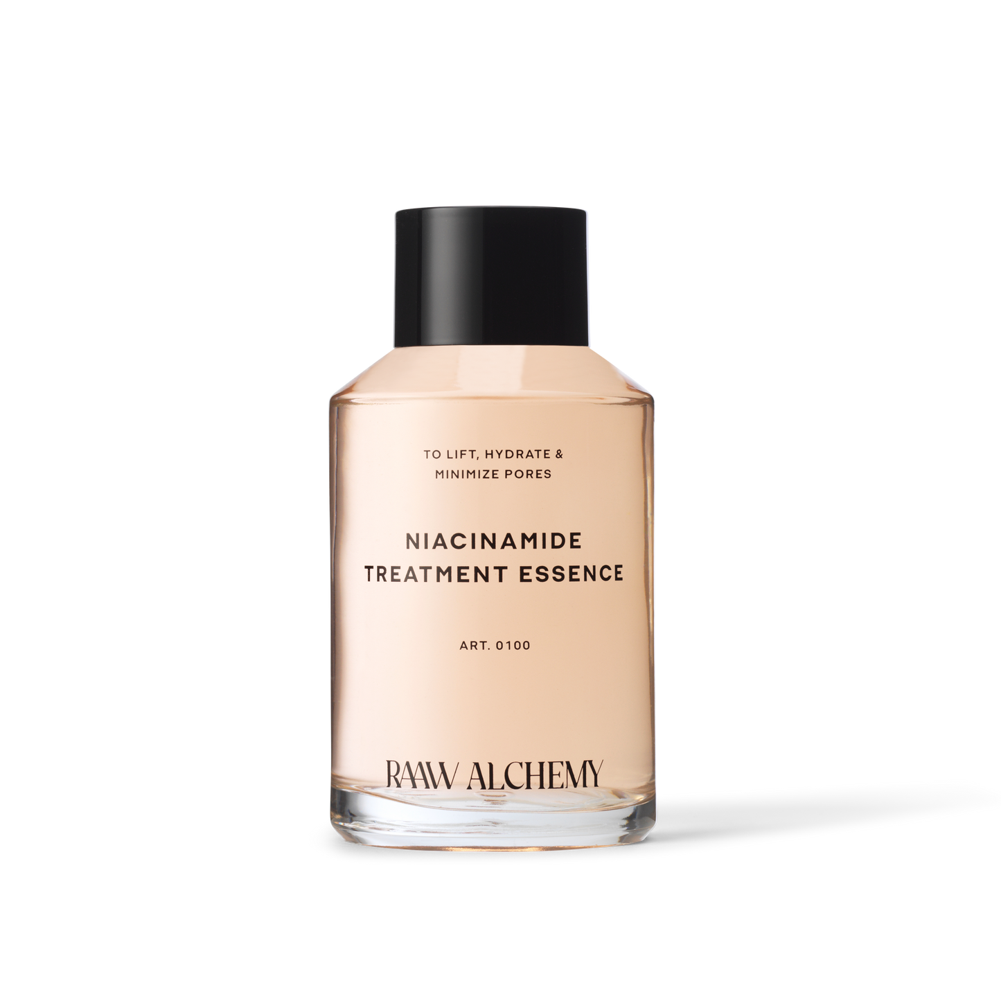 RAAW Alchemy Niacinamide Treatment Essence – pore-minimizing and hydrating facial treatment in a luxury glass bottle.