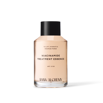 RAAW Alchemy Niacinamide Treatment Essence – pore-minimizing and hydrating facial treatment in a luxury glass bottle.