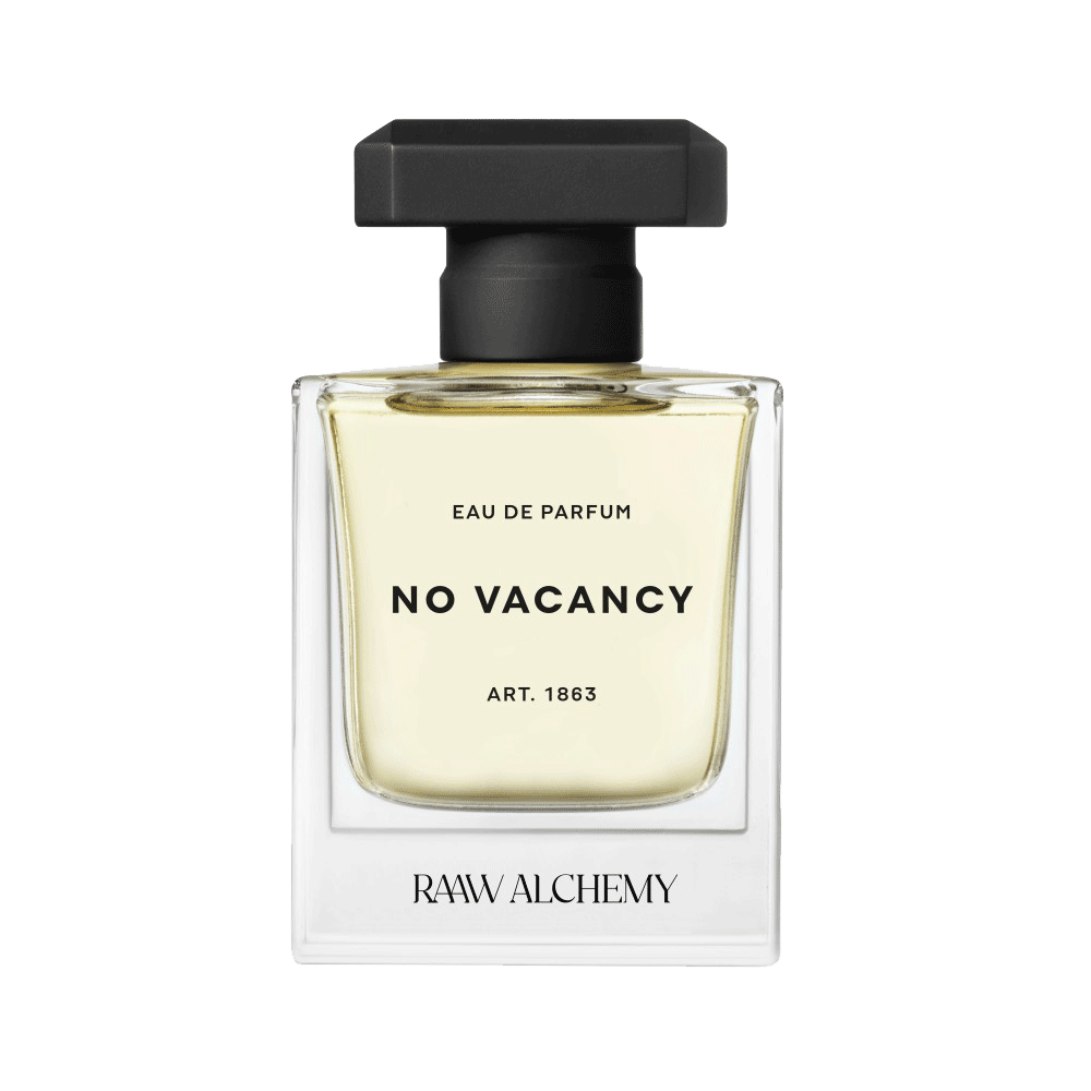 RAAW Alchemy No Vacancy Eau de Parfum in a minimalist square glass bottle with a black cap.