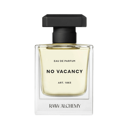 RAAW Alchemy No Vacancy Eau de Parfum in a minimalist square glass bottle with a black cap.