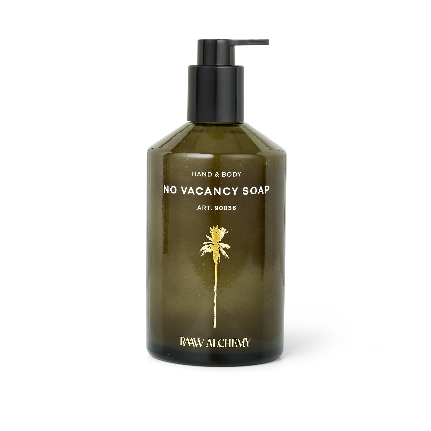 RAAW Alchemy Hand & Body Soap – luxurious organic soap in a signature green glass bottle with pump.