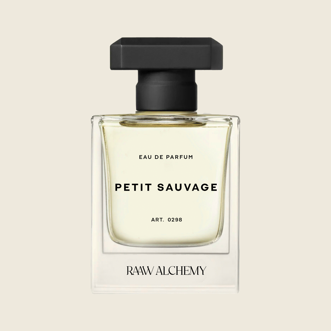 RAAW Alchemy Petit Sauvage Eau de Parfum in a classic square glass bottle with a black cap on a neutral background.