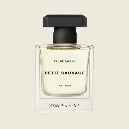 RAAW Alchemy Petit Sauvage Eau de Parfum in a classic square glass bottle with a black cap on a neutral background.