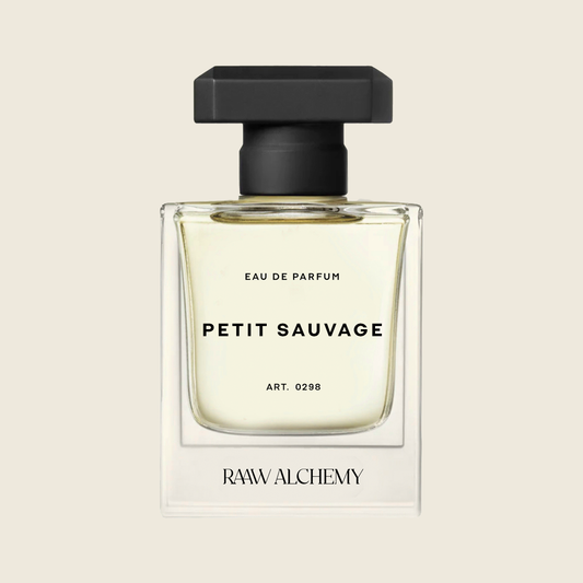 RAAW Alchemy Petit Sauvage Eau de Parfum in a classic square glass bottle with a black cap on a neutral background.