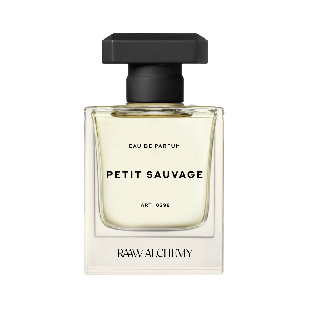 RAAW Alchemy Petit Sauvage Eau de Parfum in a classic square glass bottle with a black cap.