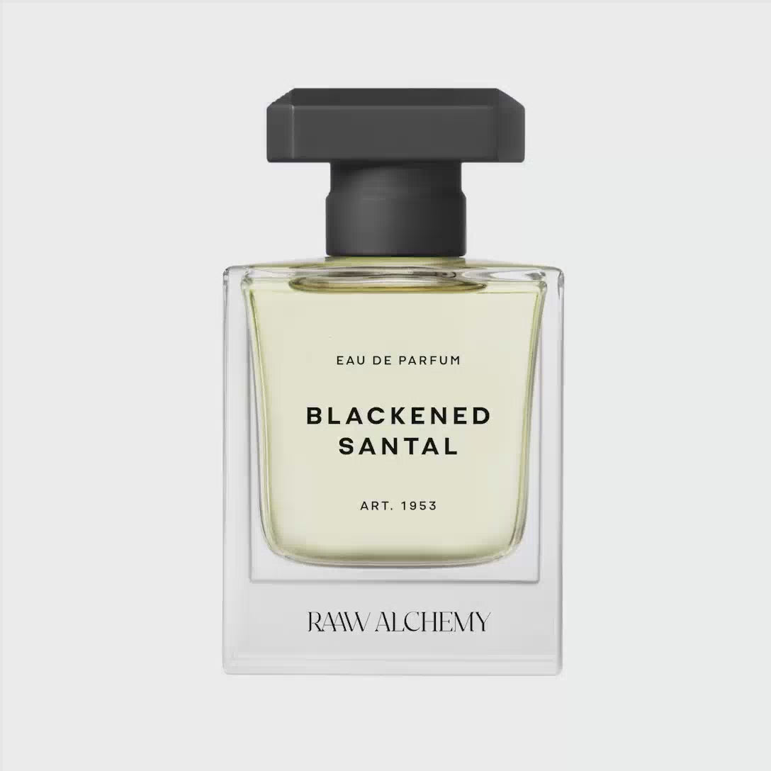 A visual presentation of the Blackened Santal Eau de Parfum, capturing its luxurious aesthetic and warm, golden fragrance.