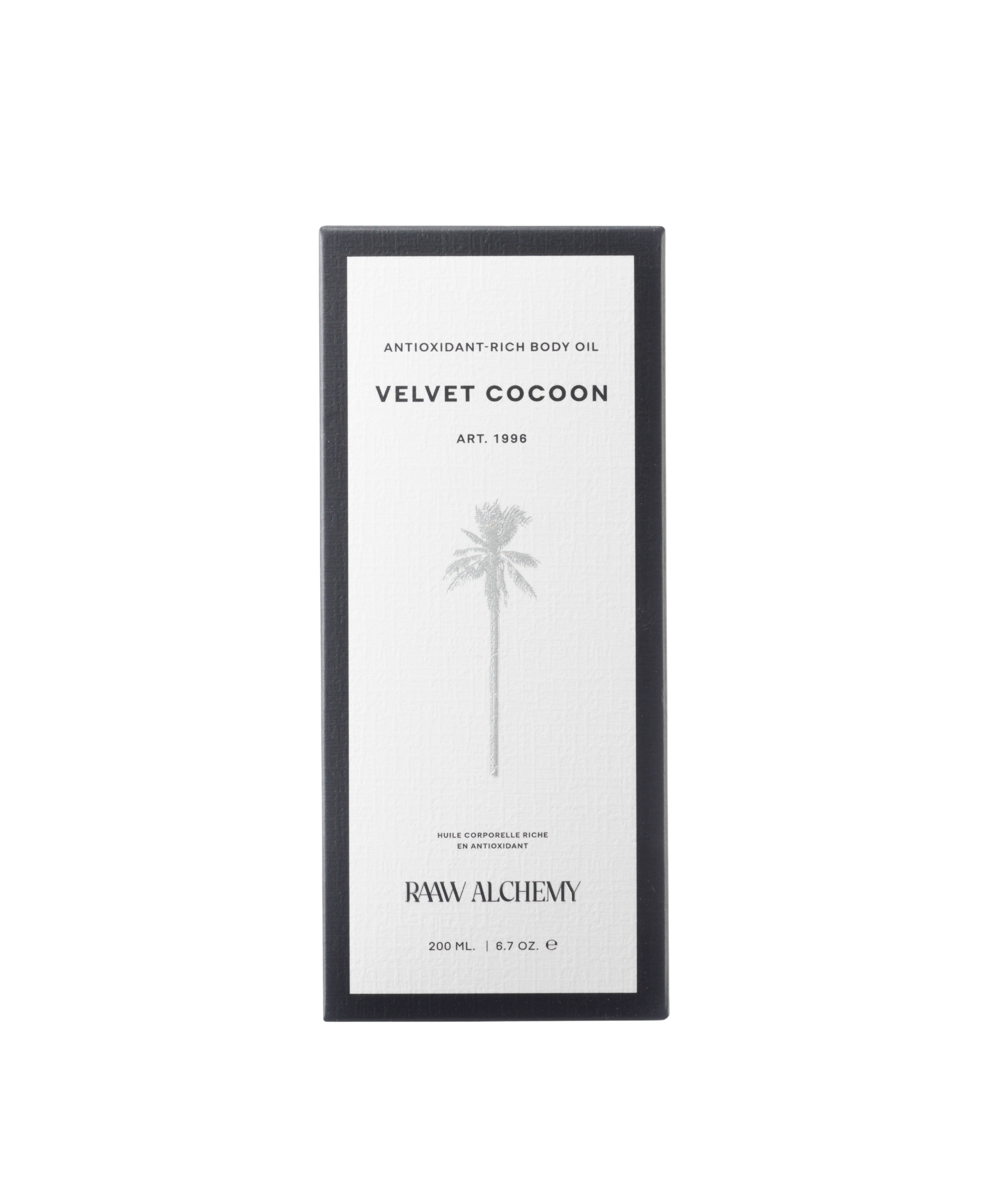 Minimalist white and black luxury packaging for RAAW Alchemy Velvet Cocoon Body Oil.