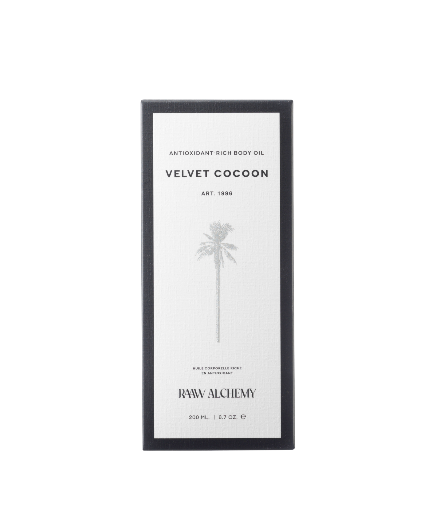 Minimalist white and black luxury packaging for RAAW Alchemy Velvet Cocoon Body Oil.