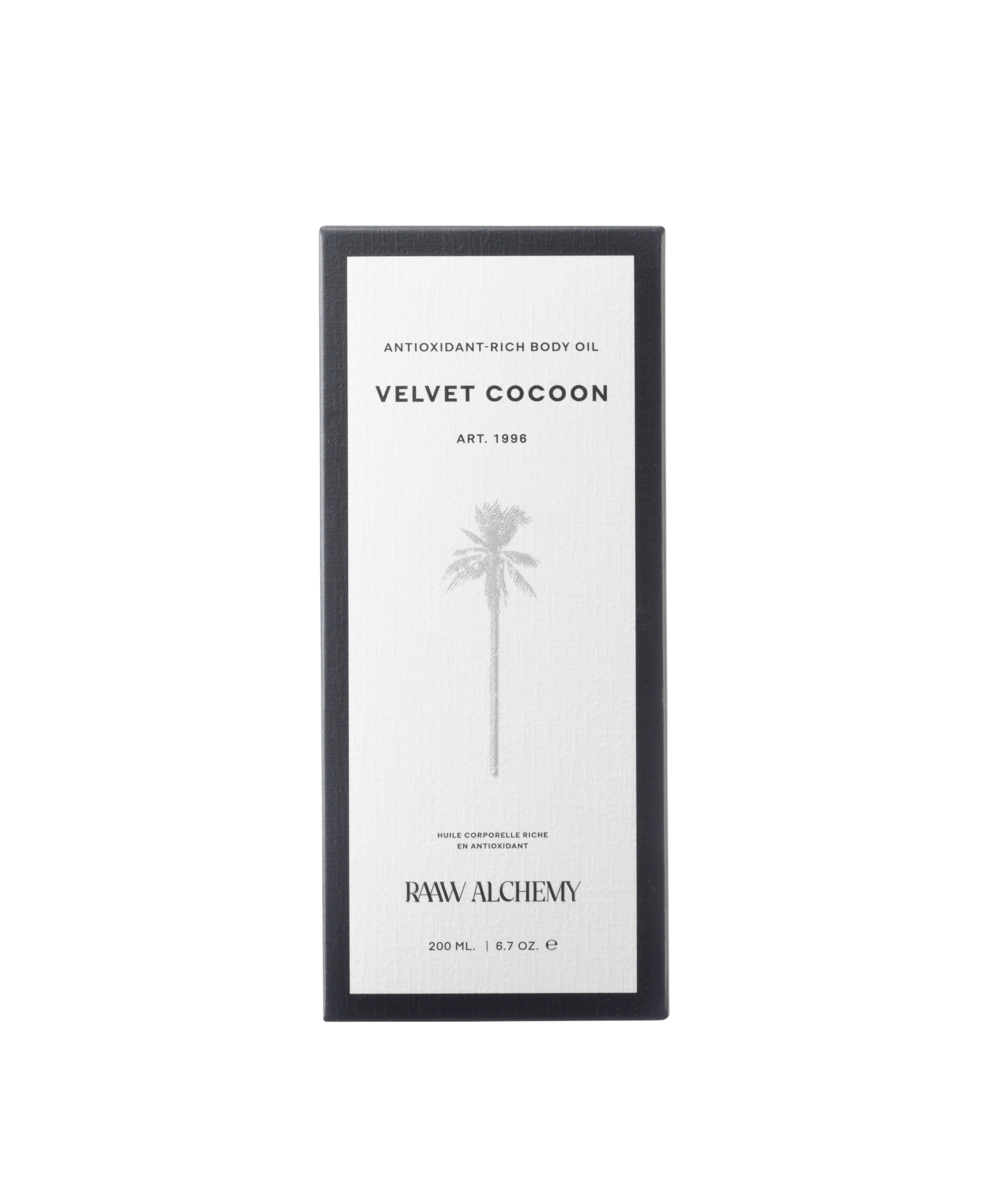 Minimalist white and black luxury packaging for RAAW Alchemy Velvet Cocoon Body Oil.